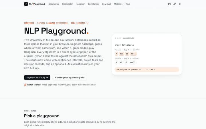 The NLP Playground landing page in the light theme, with an animated MaxMatch example beside the introduction.