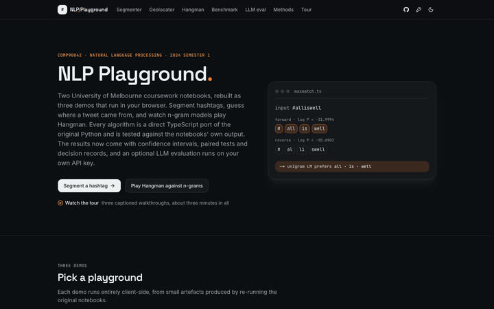 The NLP Playground landing page in the dark theme.