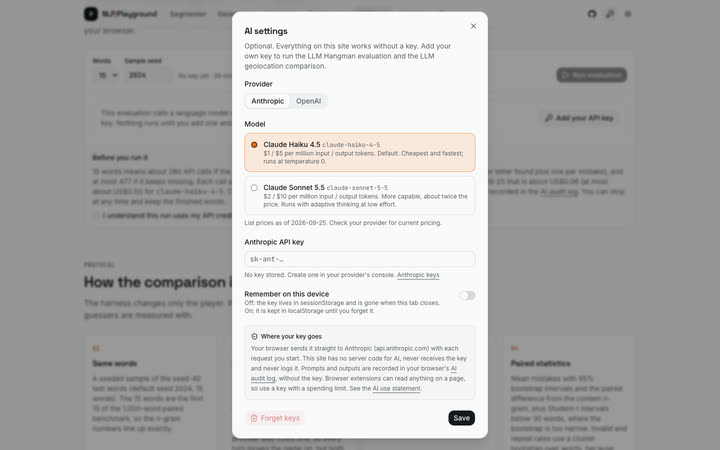 The AI settings dialog with Anthropic and OpenAI providers, model choices, the key field and a note on where the key goes.