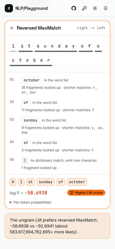 The Hashtag Segmenter on a phone, with the reverse MaxMatch result.